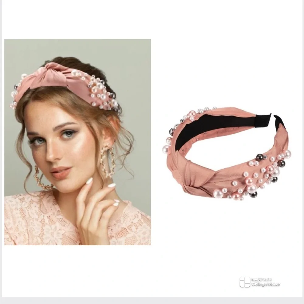 Pink Women's Fashion Wide Faux Pearl Bead Knotted Headband - New